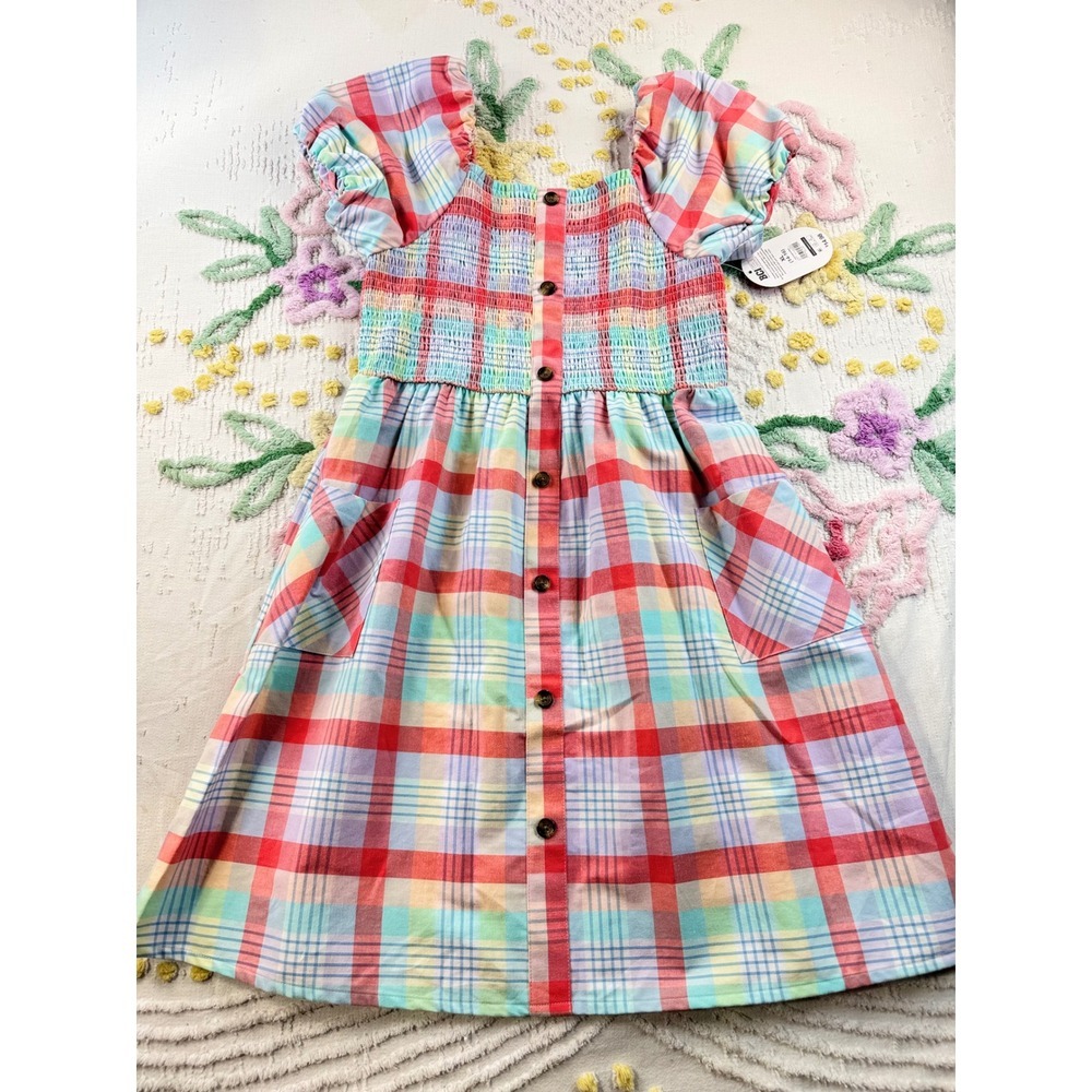 Wonder Nation Girls XL 14-16 Plaid Smocked Button Front Puff Sleeve Dress Multi